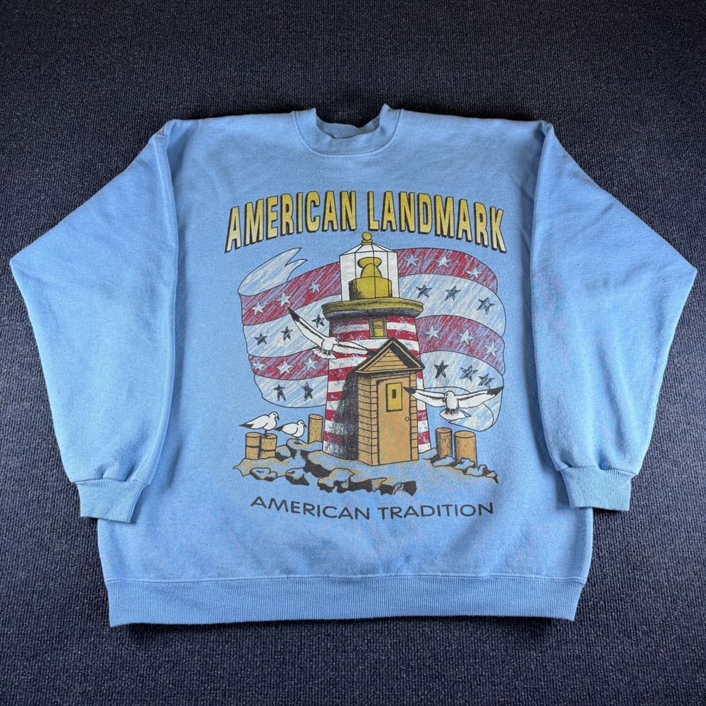 Hanes Heavyweight Sweatshirt Mens XL Lighthouse American Landmark Blue USA